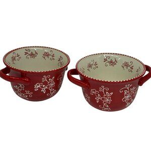 Temp-tations by Tara Red Floral Lace 20oz Baker Bowls Set of 2 Ceramic Ovenware
